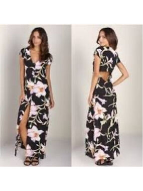Flynn Skye Black Pink Floral Maxi Bias Cut Dress Medium